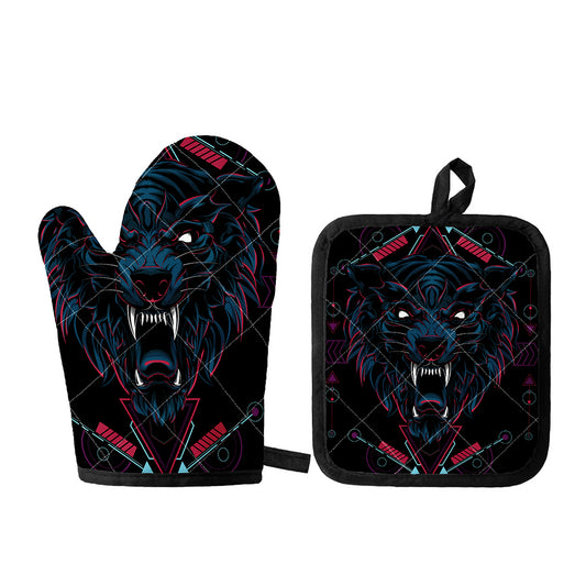 Dark Geometric Wolf Print Oven Mitt And Pot Holder Set