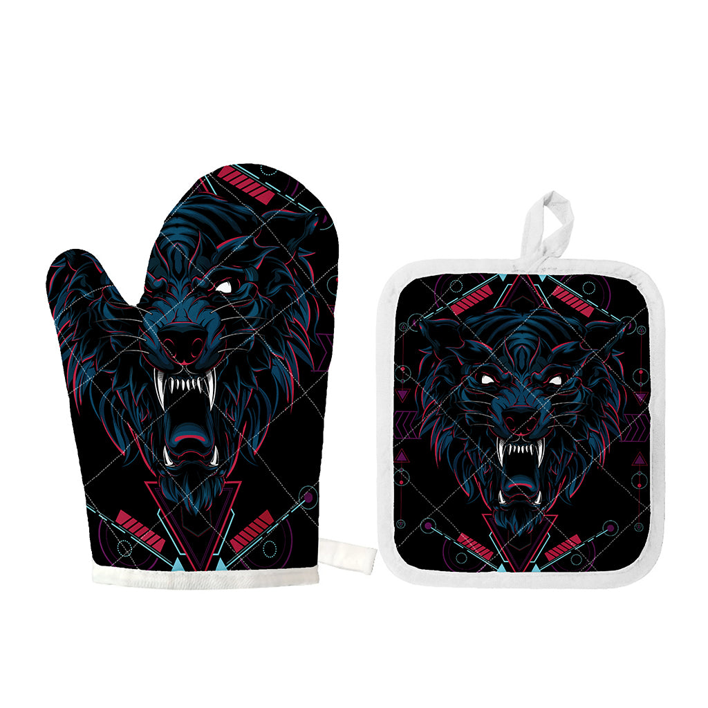 Dark Geometric Wolf Print Oven Mitt And Pot Holder Set