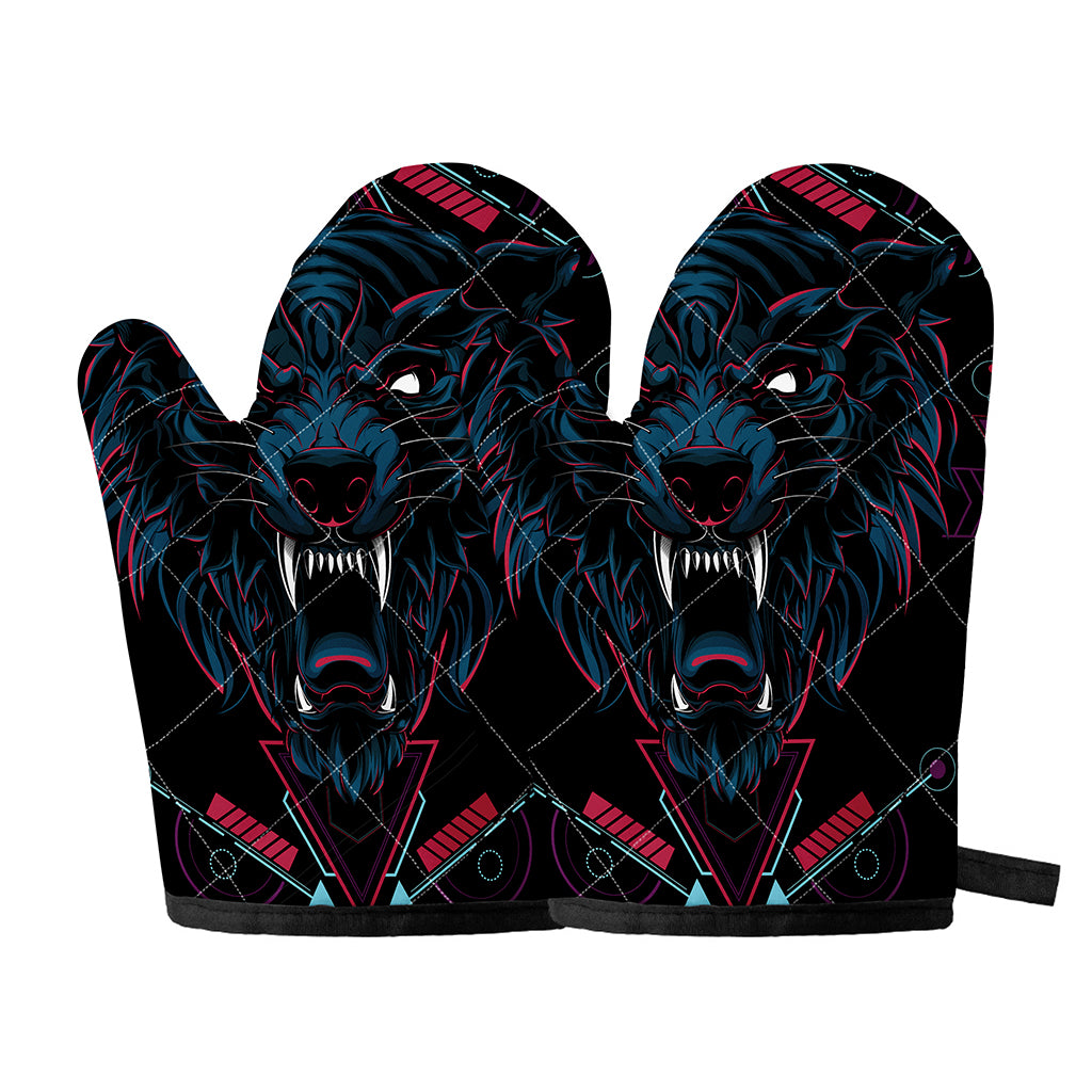 Dark Geometric Wolf Print Oven Mitts