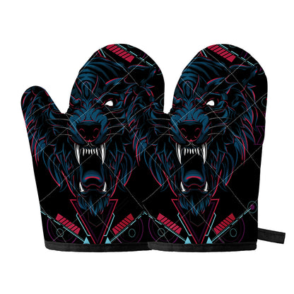 Dark Geometric Wolf Print Oven Mitts