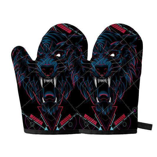 Dark Geometric Wolf Print Oven Mitts