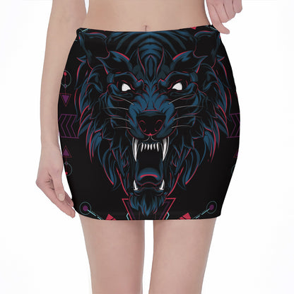 Dark Geometric Wolf Print Pencil Mini Skirt