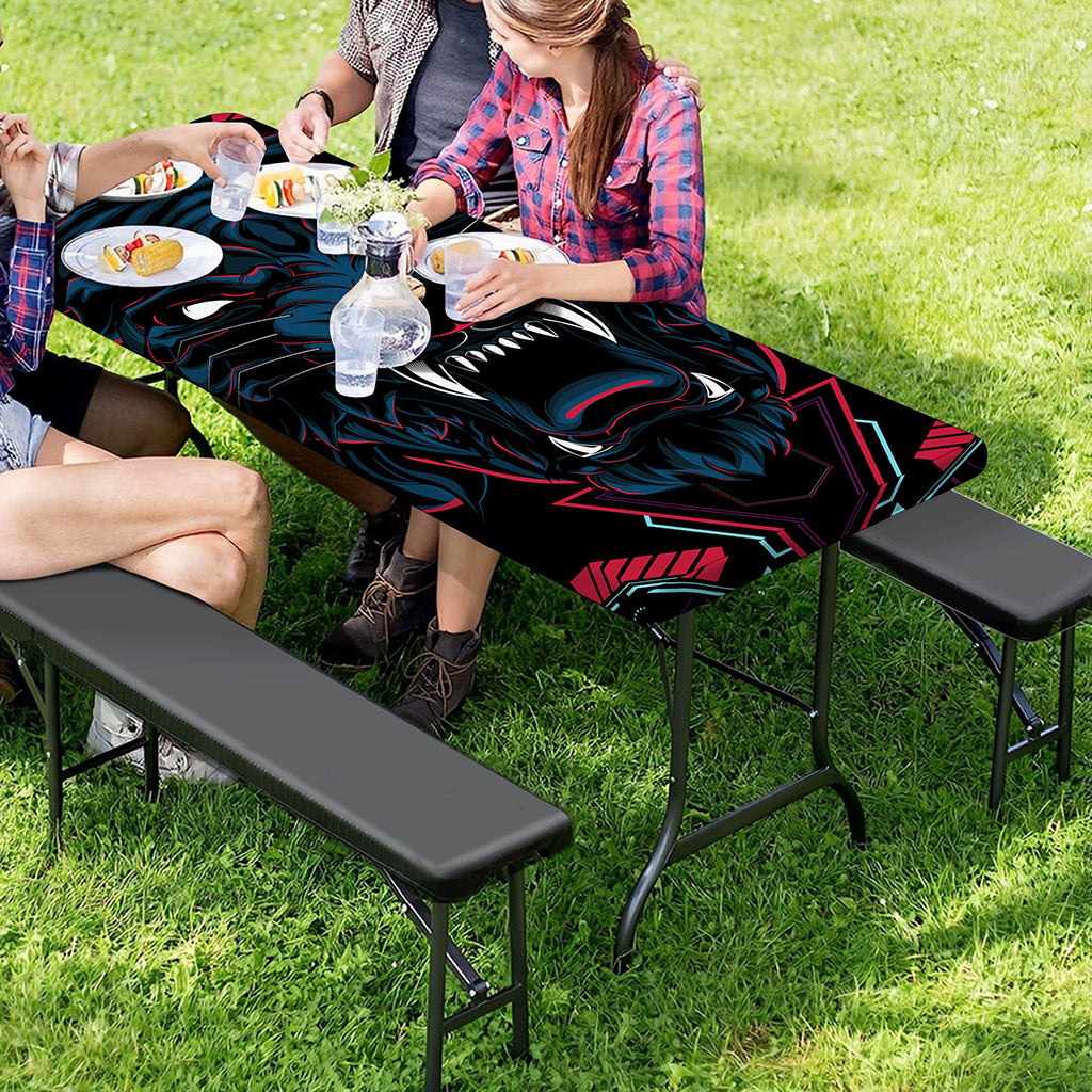 Dark Geometric Wolf Print Picnic Table Cover