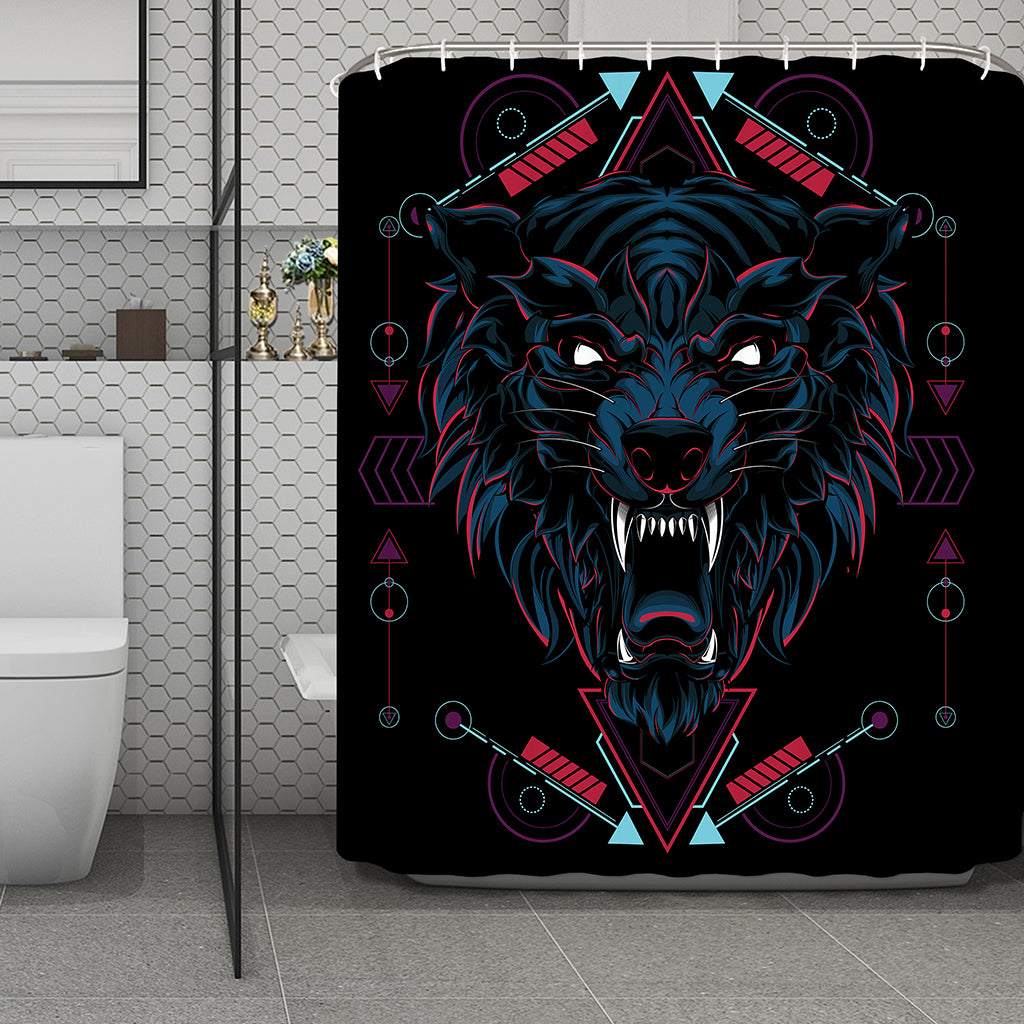 Dark Geometric Wolf Print Polyester Shower Curtain