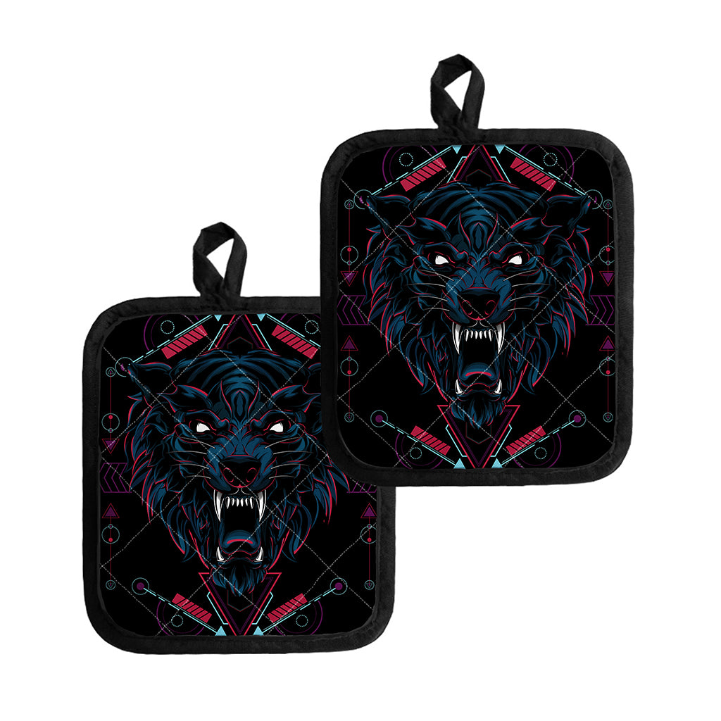 Dark Geometric Wolf Print Pot Holders