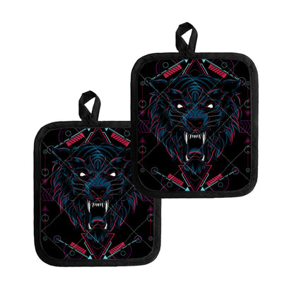 Dark Geometric Wolf Print Pot Holders
