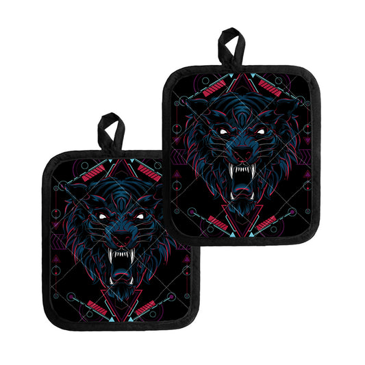 Dark Geometric Wolf Print Pot Holders