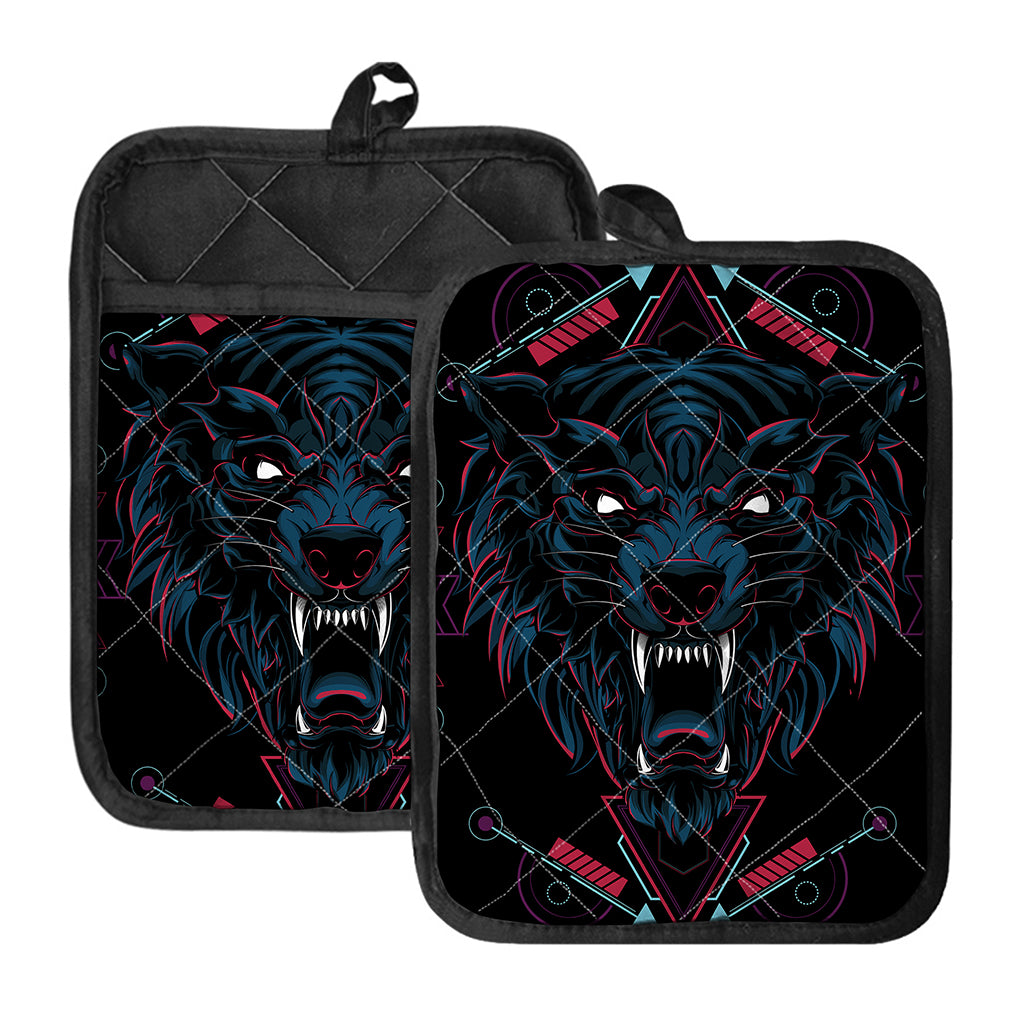 Dark Geometric Wolf Print Pot Holders With Pocket