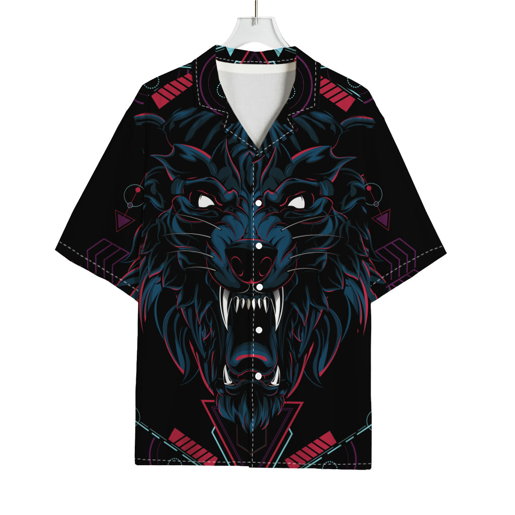 Dark Geometric Wolf Print Rayon Hawaiian Shirt