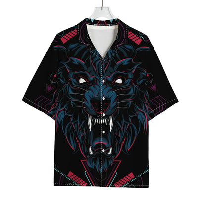 Dark Geometric Wolf Print Rayon Hawaiian Shirt