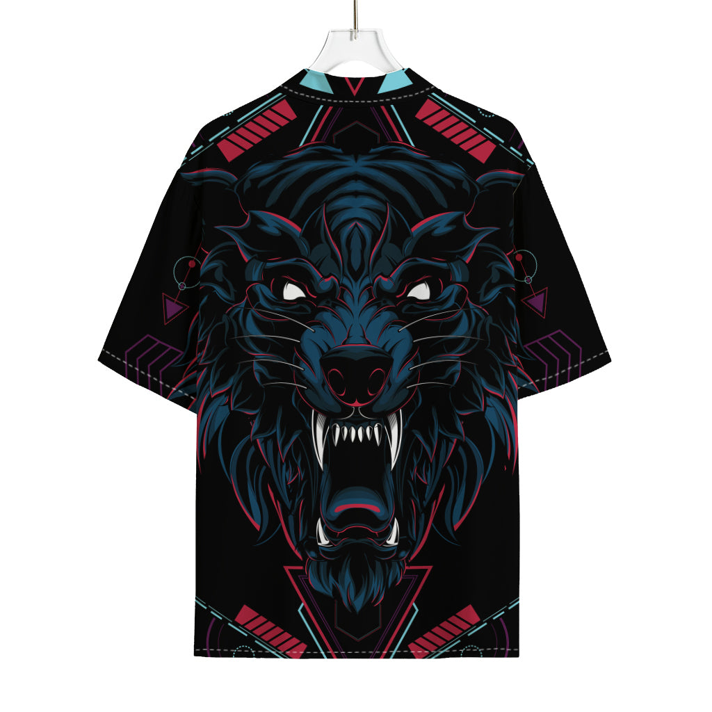 Dark Geometric Wolf Print Rayon Hawaiian Shirt