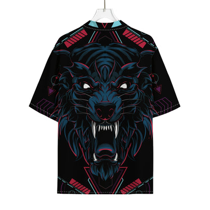 Dark Geometric Wolf Print Rayon Hawaiian Shirt