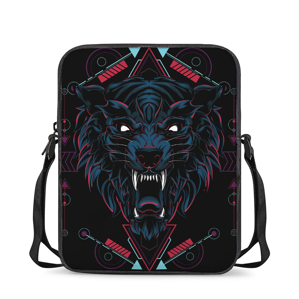 Dark Geometric Wolf Print Rectangular Crossbody Bag