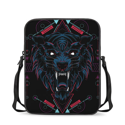 Dark Geometric Wolf Print Rectangular Crossbody Bag