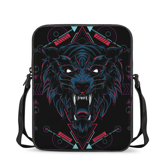 Dark Geometric Wolf Print Rectangular Crossbody Bag