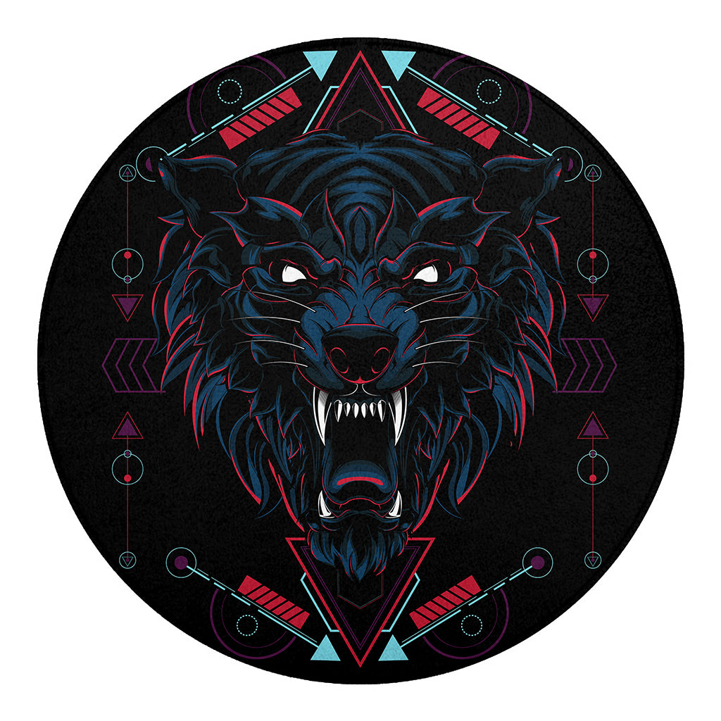 Dark Geometric Wolf Print Round Blanket