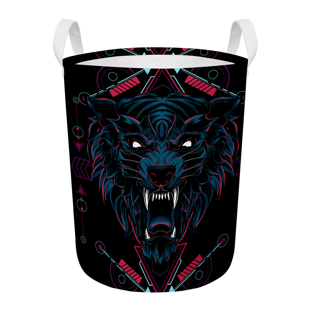 Dark Geometric Wolf Print Round Laundry Basket