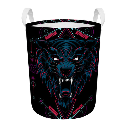 Dark Geometric Wolf Print Round Laundry Basket