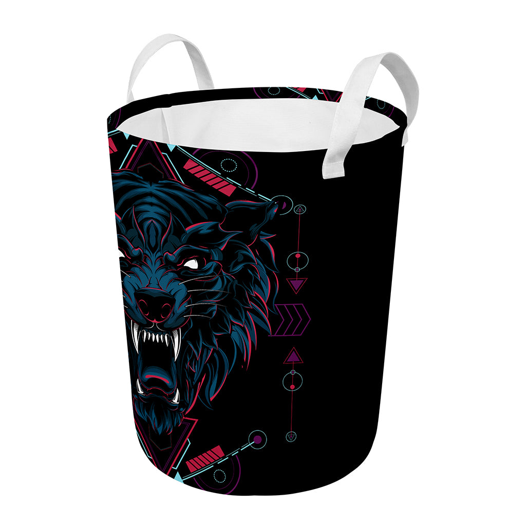 Dark Geometric Wolf Print Round Laundry Basket