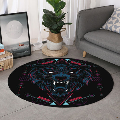 Dark Geometric Wolf Print Round Rug