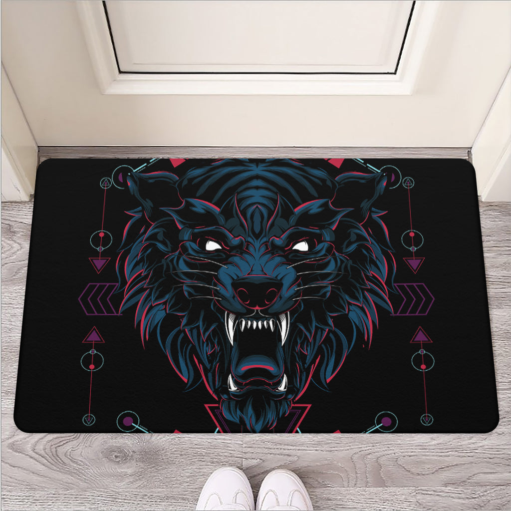 Dark Geometric Wolf Print Rubber Doormat