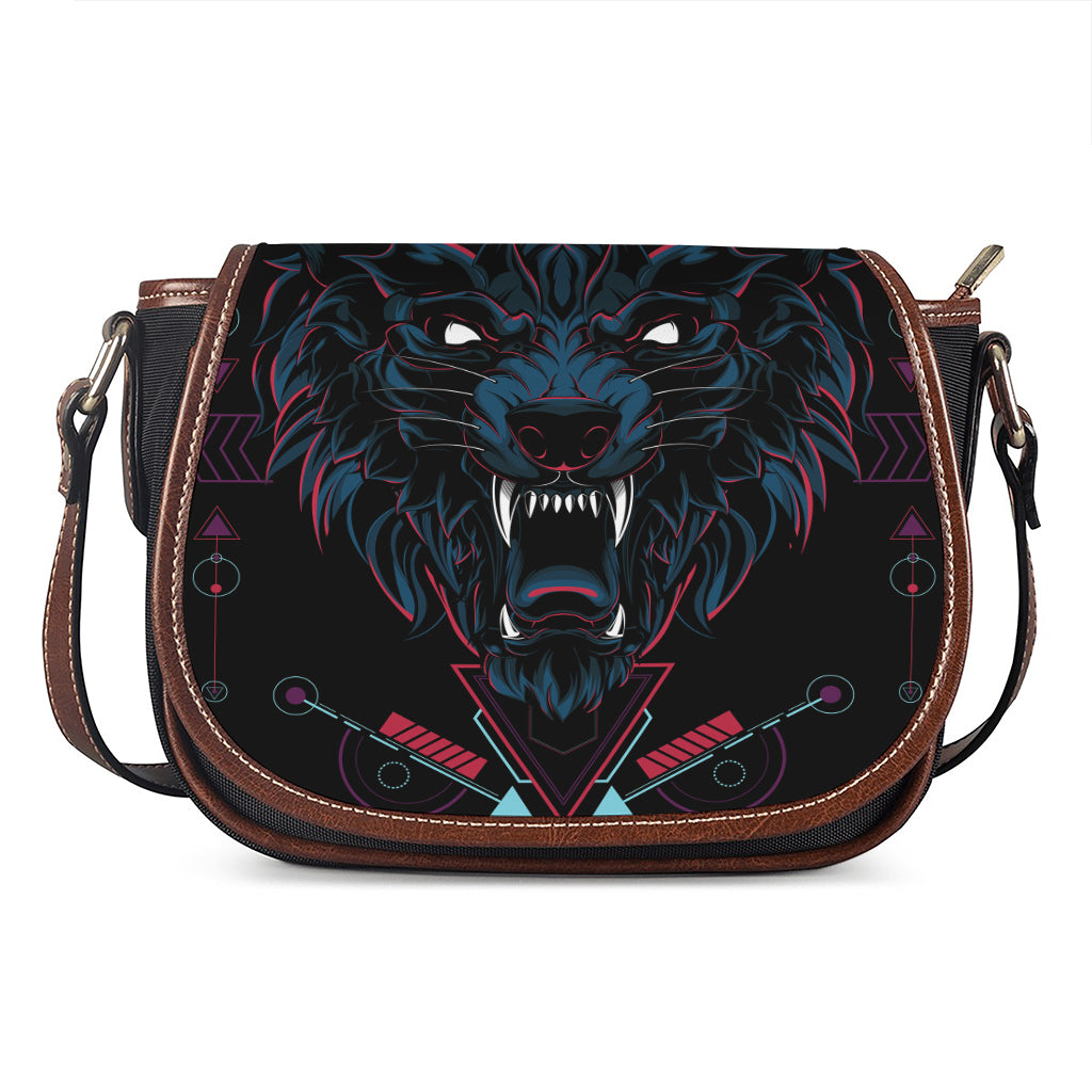 Dark Geometric Wolf Print Saddle Bag