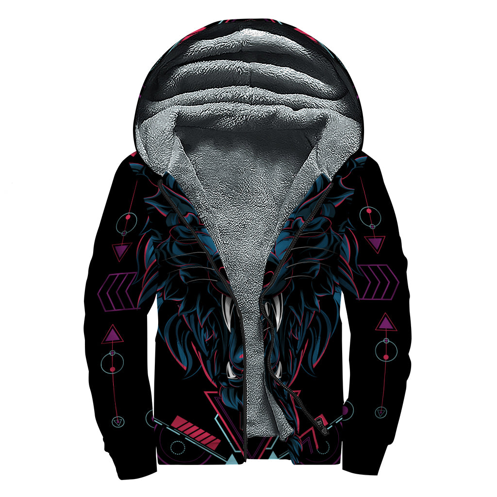 Dark Geometric Wolf Print Sherpa Lined Zip Up Hoodie