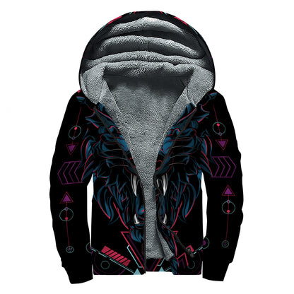 Dark Geometric Wolf Print Sherpa Lined Zip Up Hoodie
