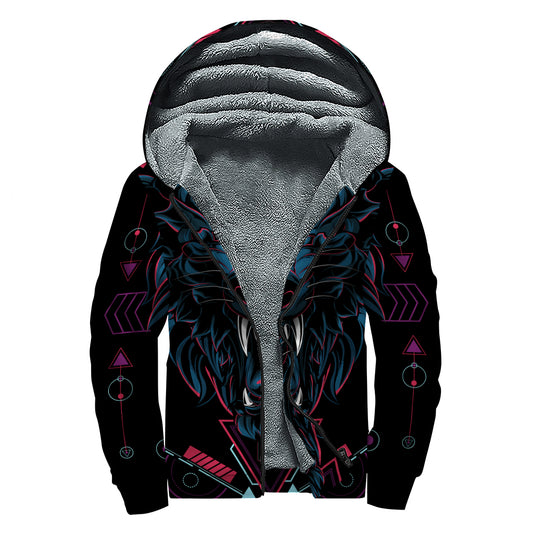 Dark Geometric Wolf Print Sherpa Lined Zip Up Hoodie