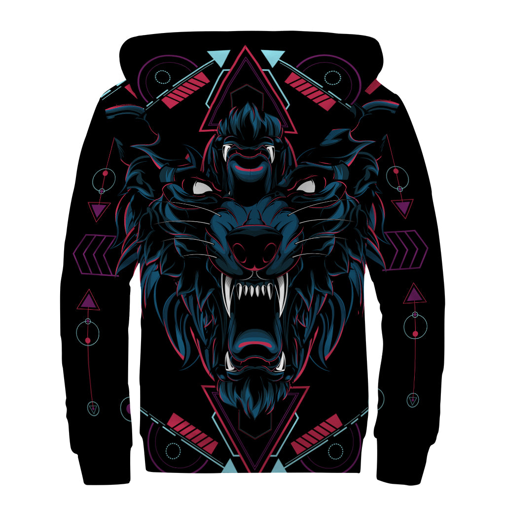 Dark Geometric Wolf Print Sherpa Lined Zip Up Hoodie