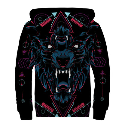 Dark Geometric Wolf Print Sherpa Lined Zip Up Hoodie