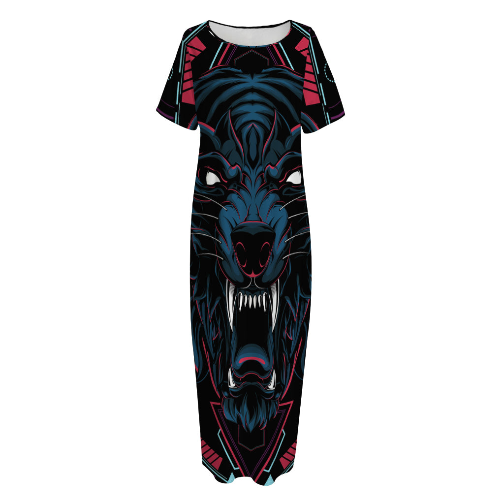 Dark Geometric Wolf Print Short Sleeve Long Nightdress