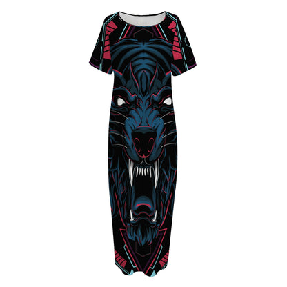 Dark Geometric Wolf Print Short Sleeve Long Nightdress