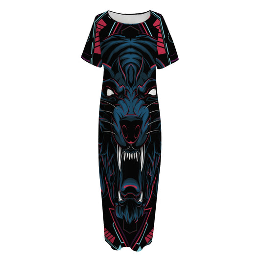 Dark Geometric Wolf Print Short Sleeve Long Nightdress