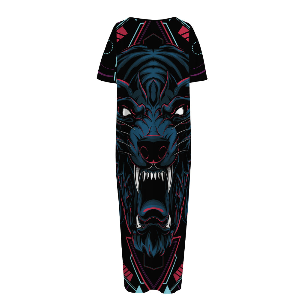 Dark Geometric Wolf Print Short Sleeve Long Nightdress