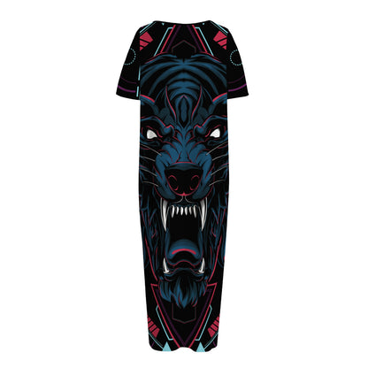 Dark Geometric Wolf Print Short Sleeve Long Nightdress