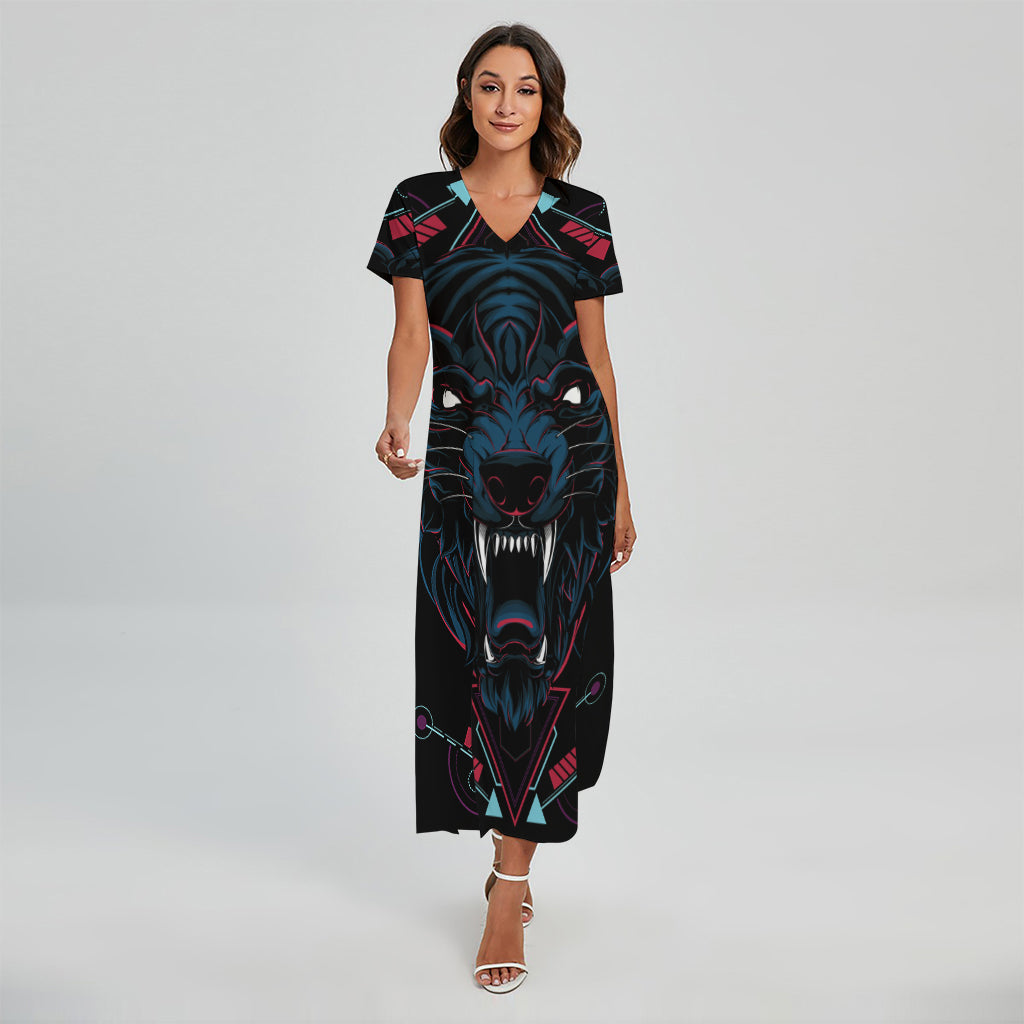 Dark Geometric Wolf Print Short Sleeve Maxi Dress