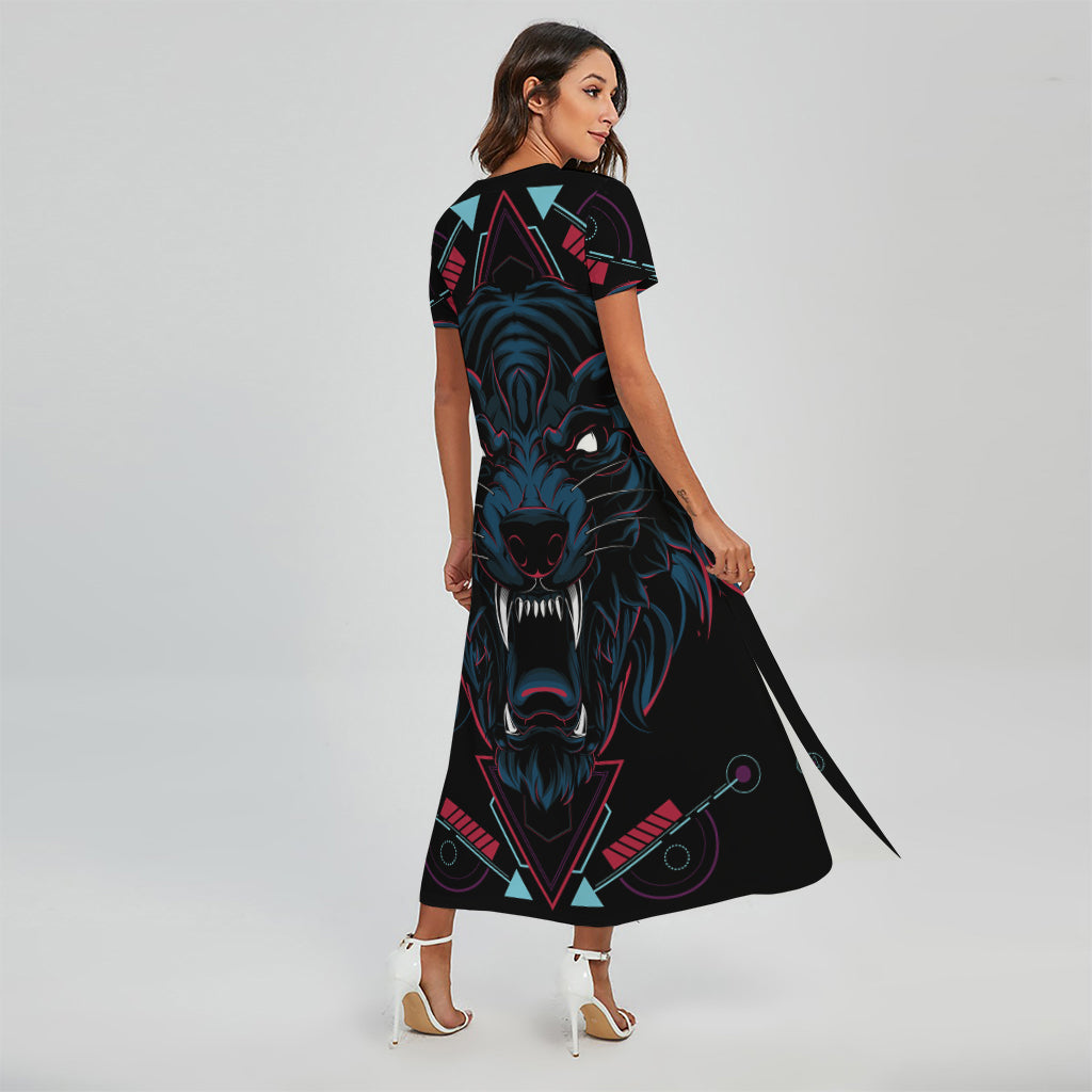 Dark Geometric Wolf Print Short Sleeve Maxi Dress