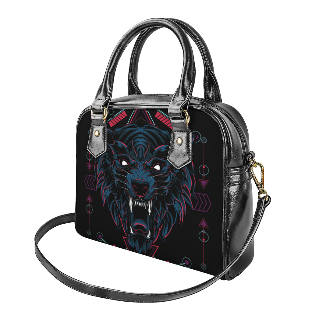 Dark Geometric Wolf Print Shoulder Handbag