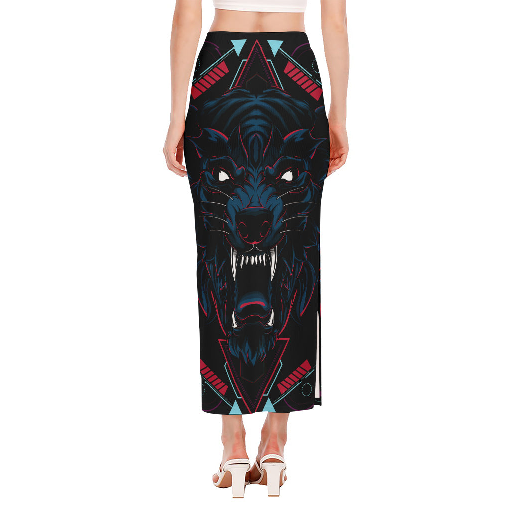 Dark Geometric Wolf Print Side Slit Maxi Skirt