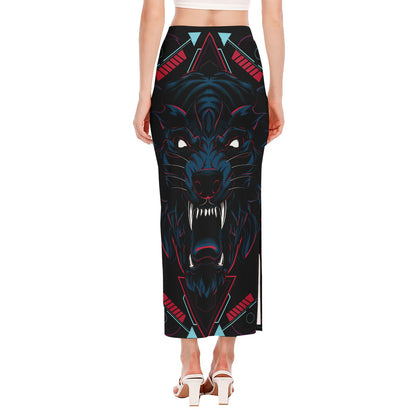 Dark Geometric Wolf Print Side Slit Maxi Skirt