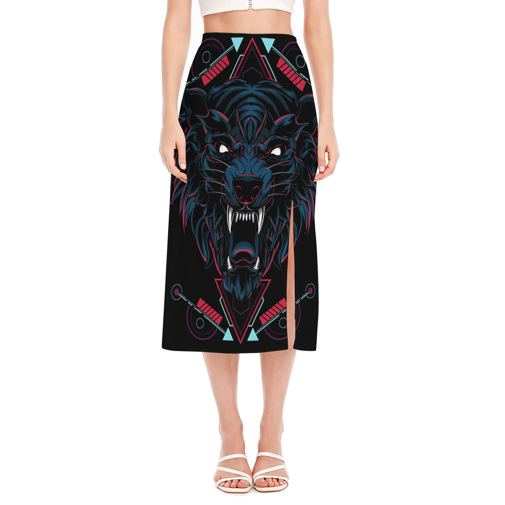 Dark Geometric Wolf Print Side Slit Midi Skirt