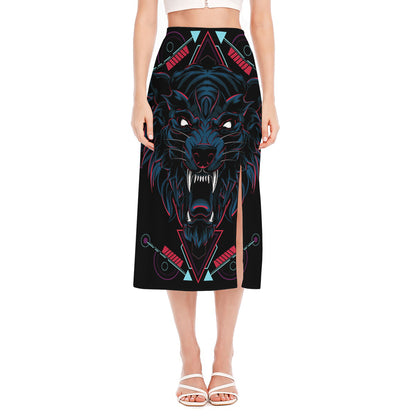 Dark Geometric Wolf Print Side Slit Midi Skirt