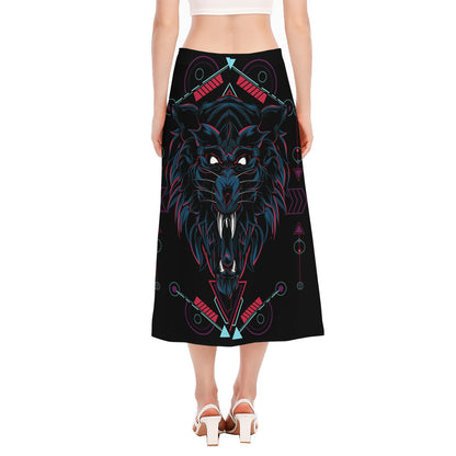 Dark Geometric Wolf Print Side Slit Midi Skirt