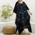 Dark Geometric Wolf Print Silk V-Neck Kaftan Dress