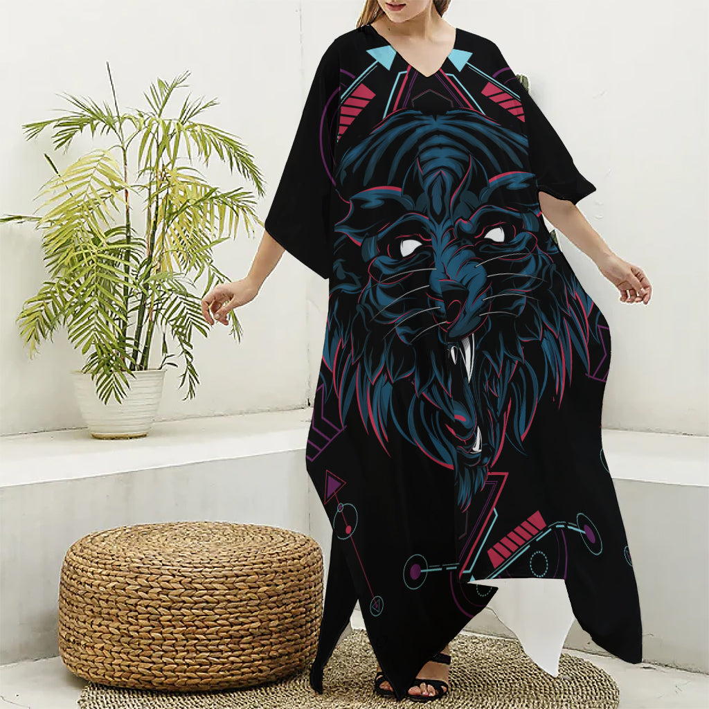 Dark Geometric Wolf Print Silk V-Neck Kaftan Dress