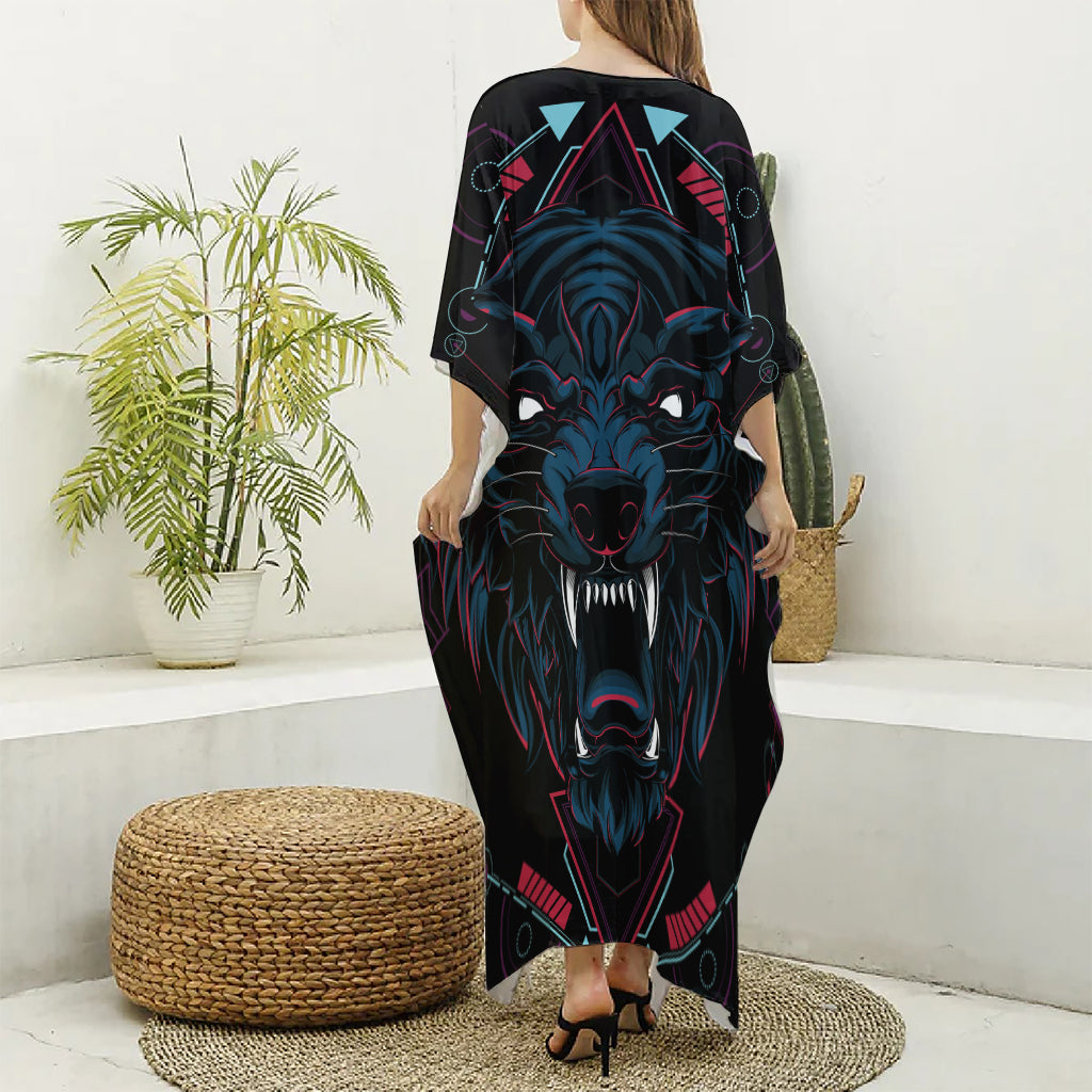 Dark Geometric Wolf Print Silk V-Neck Kaftan Dress
