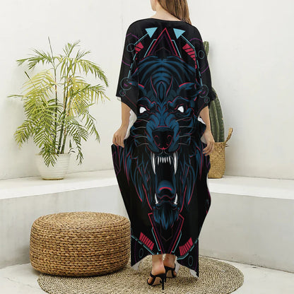 Dark Geometric Wolf Print Silk V-Neck Kaftan Dress