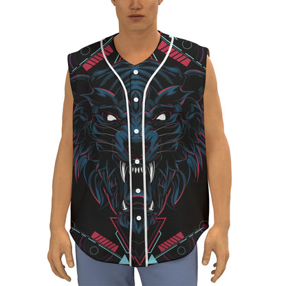 Dark Geometric Wolf Print Sleeveless Baseball Jersey