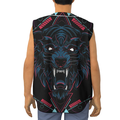 Dark Geometric Wolf Print Sleeveless Baseball Jersey